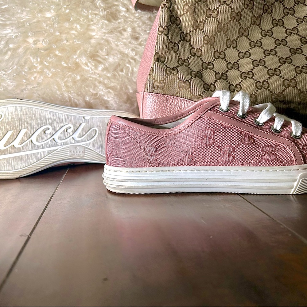 Gucci Pink GG Canvas and Leather Cap Toe Low Top Sneakers